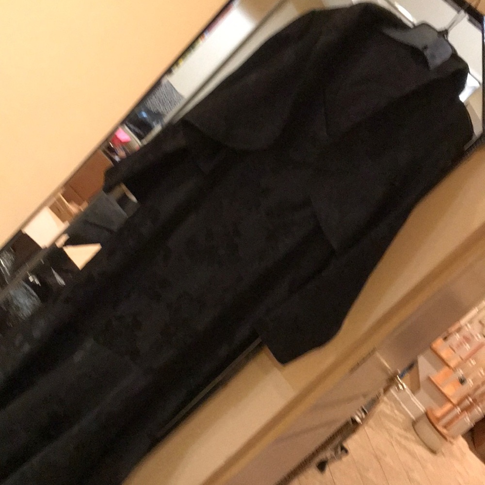 Black pattern on black satin two piece gown